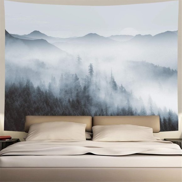 Realistic Foggy Forest Tree Peaceful Wilderness Landscape Dorm Art Wall Tapestry - Picture 1 of 6